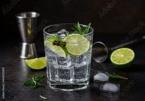 Wallpaper Mural Refreshing gin and tonic cocktail with lime, rosemary and ice on dark background Torontodigital.ca