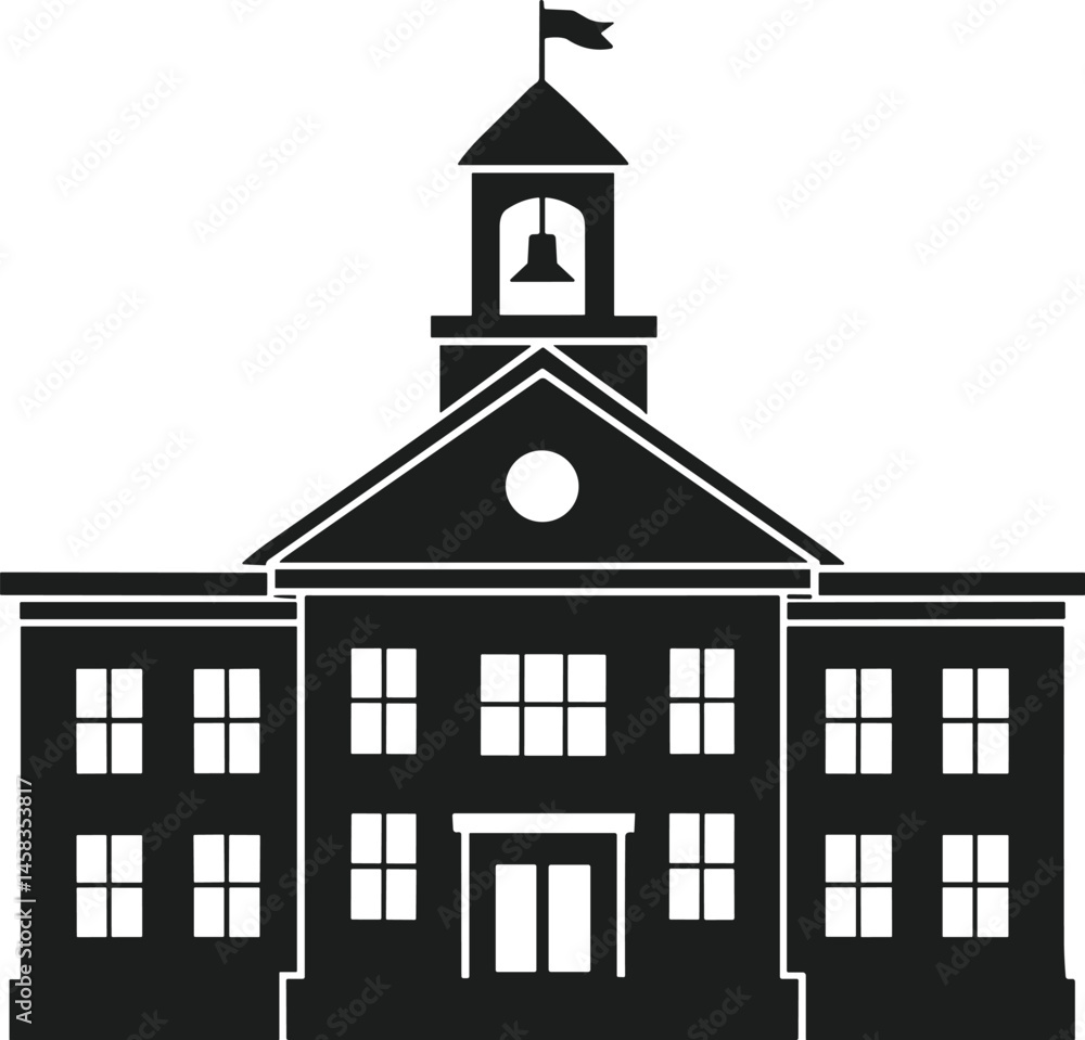 Obraz premium Silhouette of School Building with Bell Tower and Flag – Vector Back to School Illustration