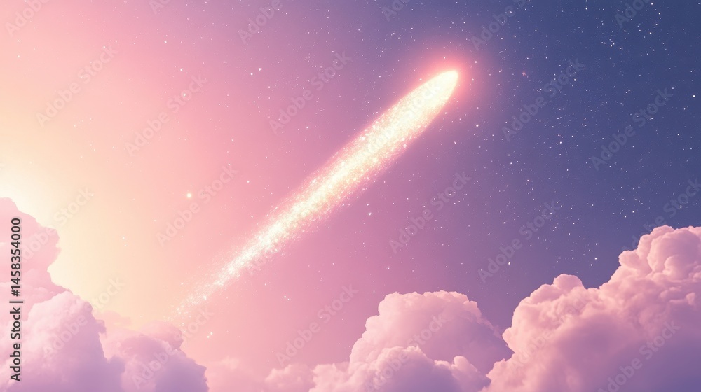 Fototapeta premium Celestial Brilliance: A vibrant meteor streaks across the twilight sky, leaving a luminous trail against the backdrop of fluffy clouds.