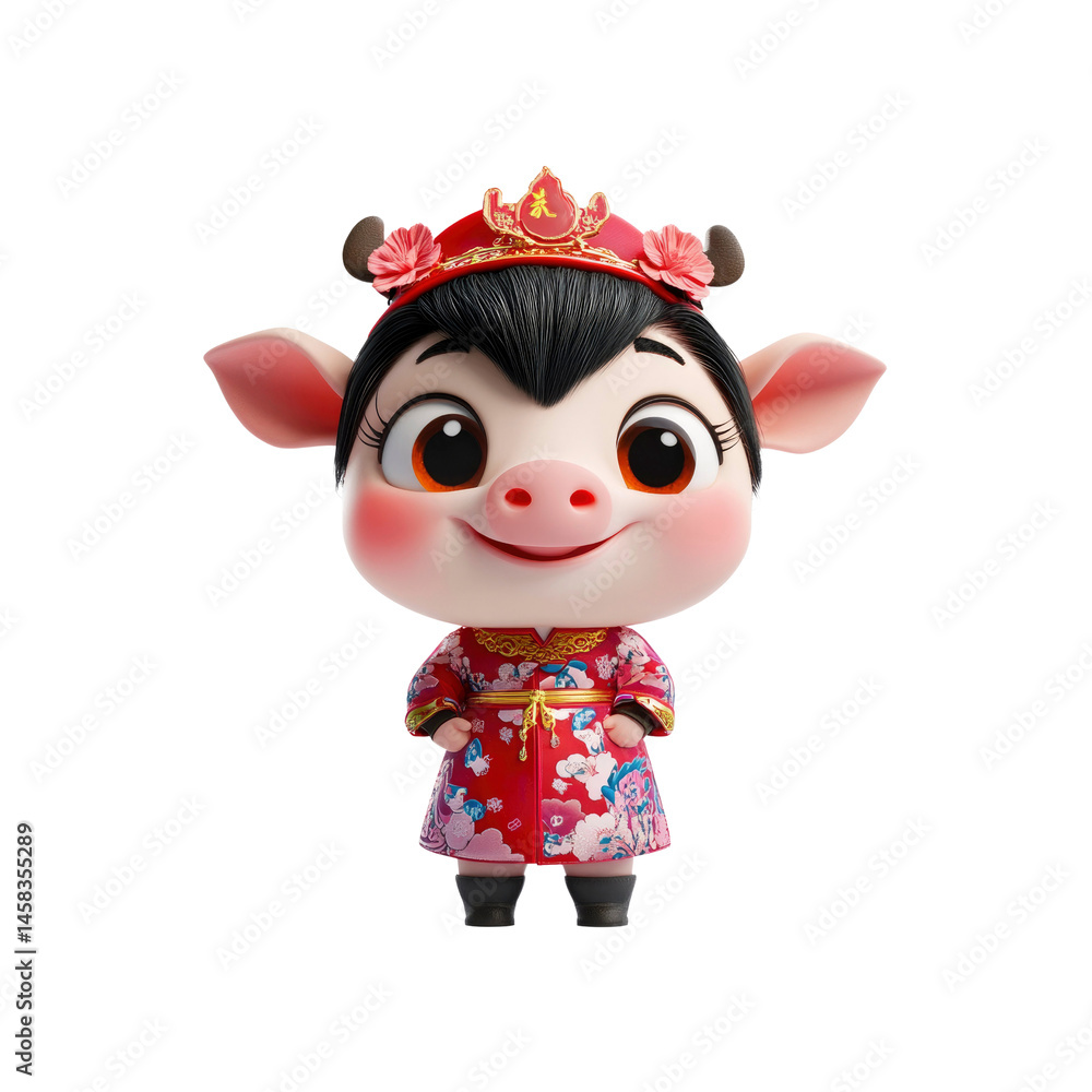 Adorable Cartoon Piglet in Traditional Chinese Clothing for Lunar New Year