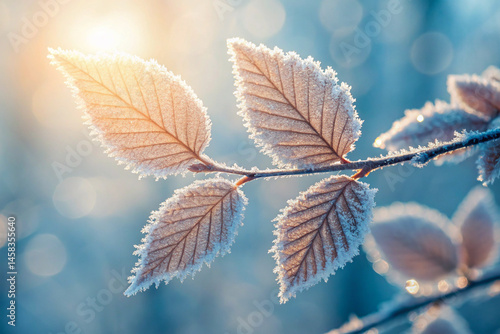 Frost Covered Leaves at Sunrise Delicate Ice Crystals on Winter Foliage with Soft Light frozen leaves in winter