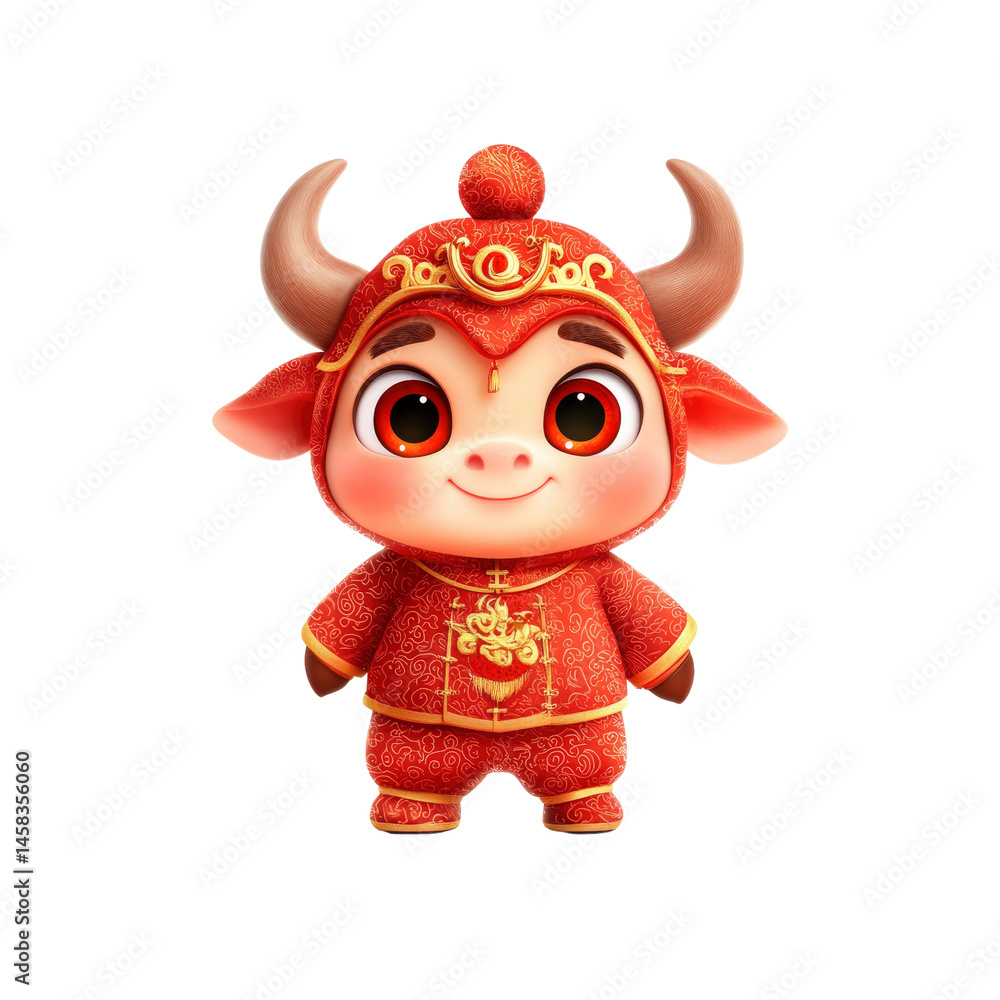 Adorable Cartoon Ox in Traditional Chinese Clothing for Lunar New Year