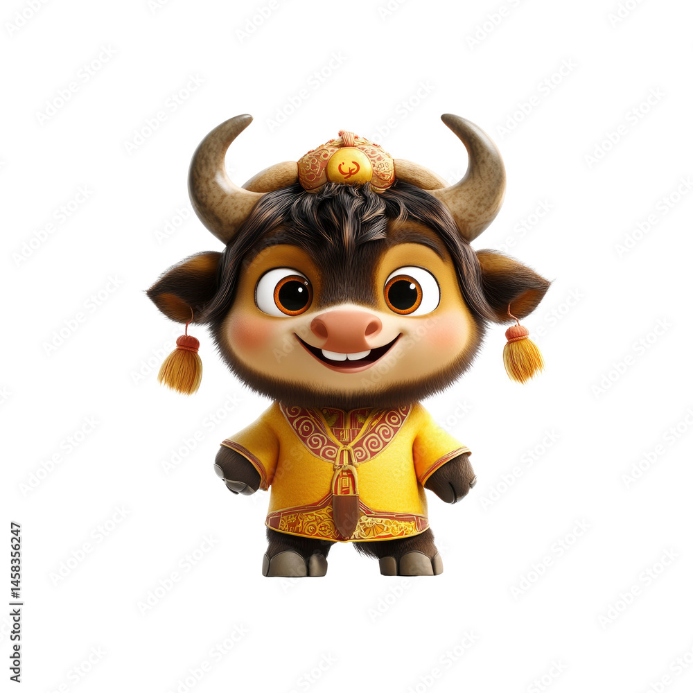 Adorable Cartoon Yak in Traditional Chinese Clothing