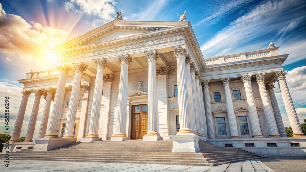 Fototapeta premium Grand historic building with white marble facade and imposing pillars under a blue sky with sunlight filtering through , Architecture, Marble Facade