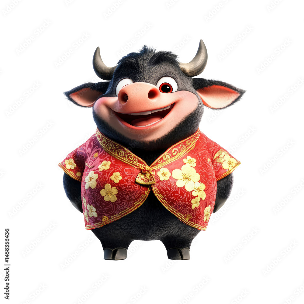 Cheerful Cartoon Bull in Traditional Chinese Clothing