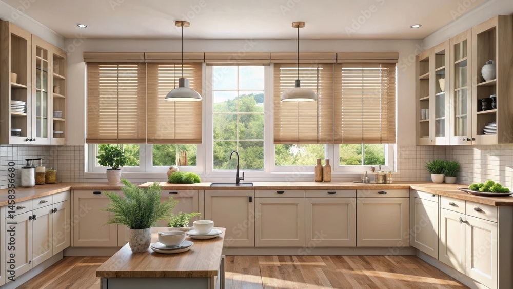 Fototapeta premium Beige blackout roller blind on windows in stylish modern kitchen with shutters on plastic window, creating a cozy and intimate ambiance , home decor, modern kitchen