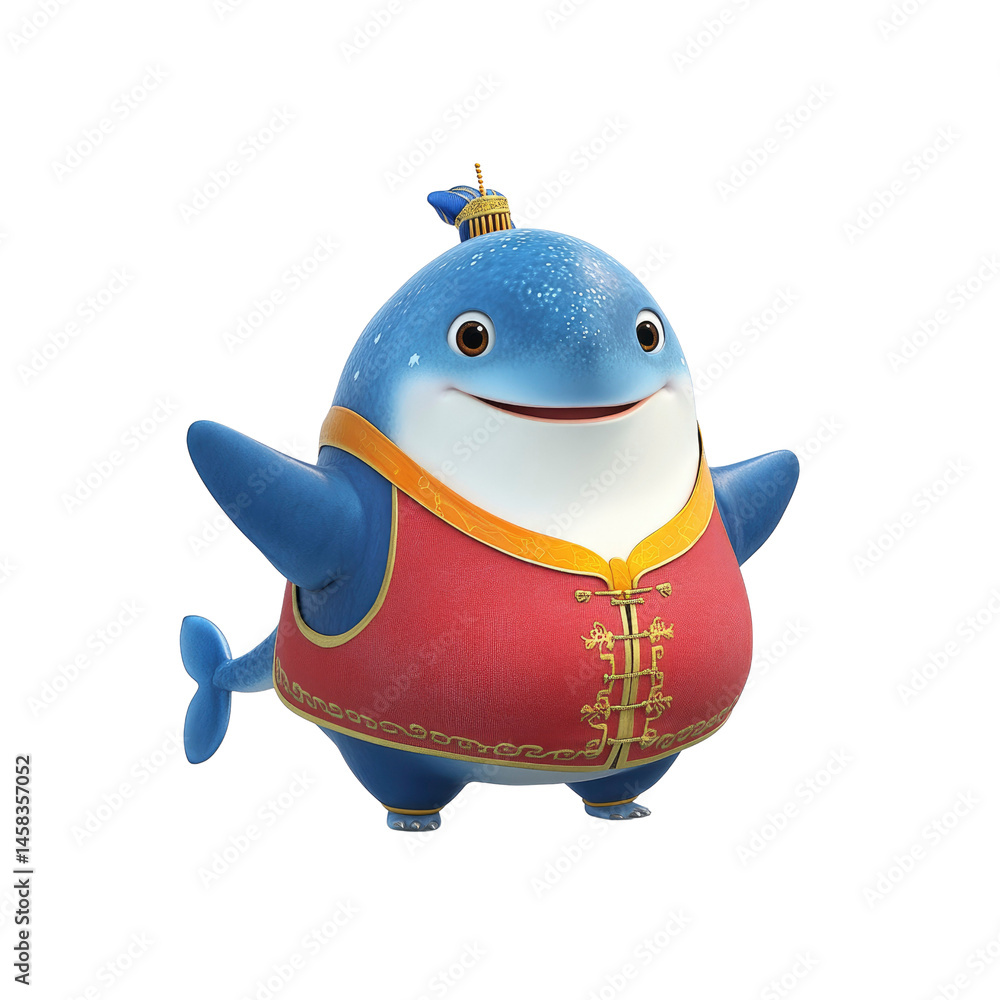 Cheerful Cartoon Whale in Traditional Chinese Clothing