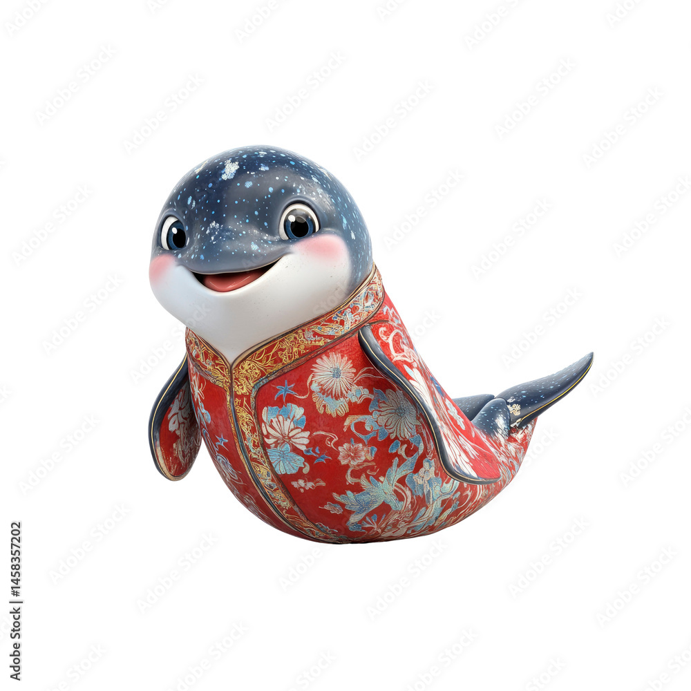 Adorable Cartoon Beluga Whale in Traditional Chinese Clothing