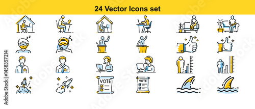 24 High-Quality Vector Icons Set Remote Work, Success, and Challenges