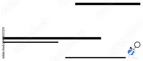 Individual holding magnifying glass investigates bold black lines on white space, symbolizing analysis, focus, discovery, research, organization, investigation, optimization. Ideal for learning