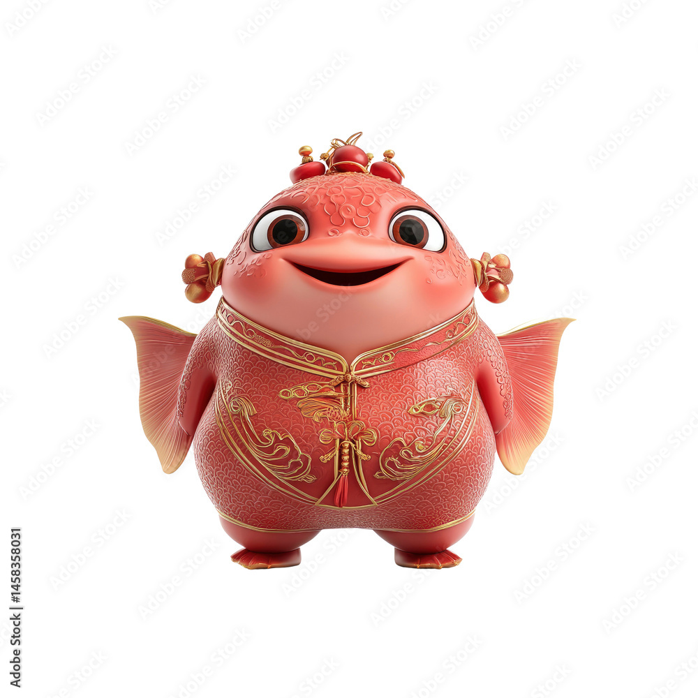 Adorable 3D Render of a Chinese-Style Fish Character in Festive Red Outfit