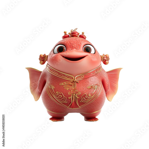 Obraz na płótnie Adorable 3D Render of a Chinese-Style Fish Character in Festive Red Outfit w salonie