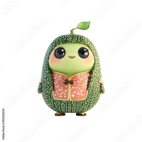 Adorable 3D Render of a Cute Melon Character in Traditional Clothing