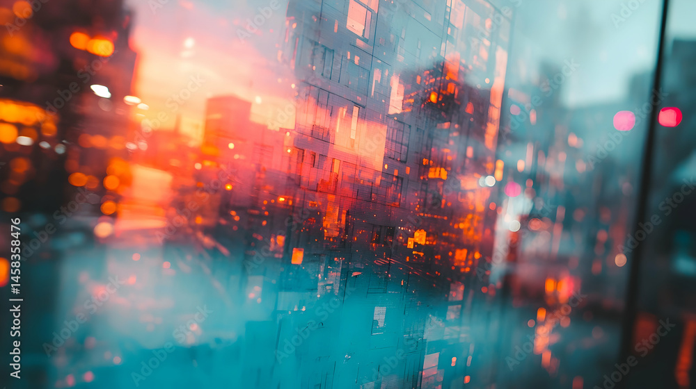 Obraz premium Urban cityscape reflected in a rain-streaked window at sunset, showing blurred buildings and warm, cool light