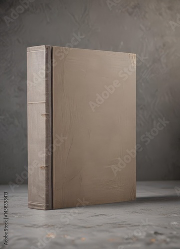 Realistic blank book cover on textured backdrop,  paper,  grey