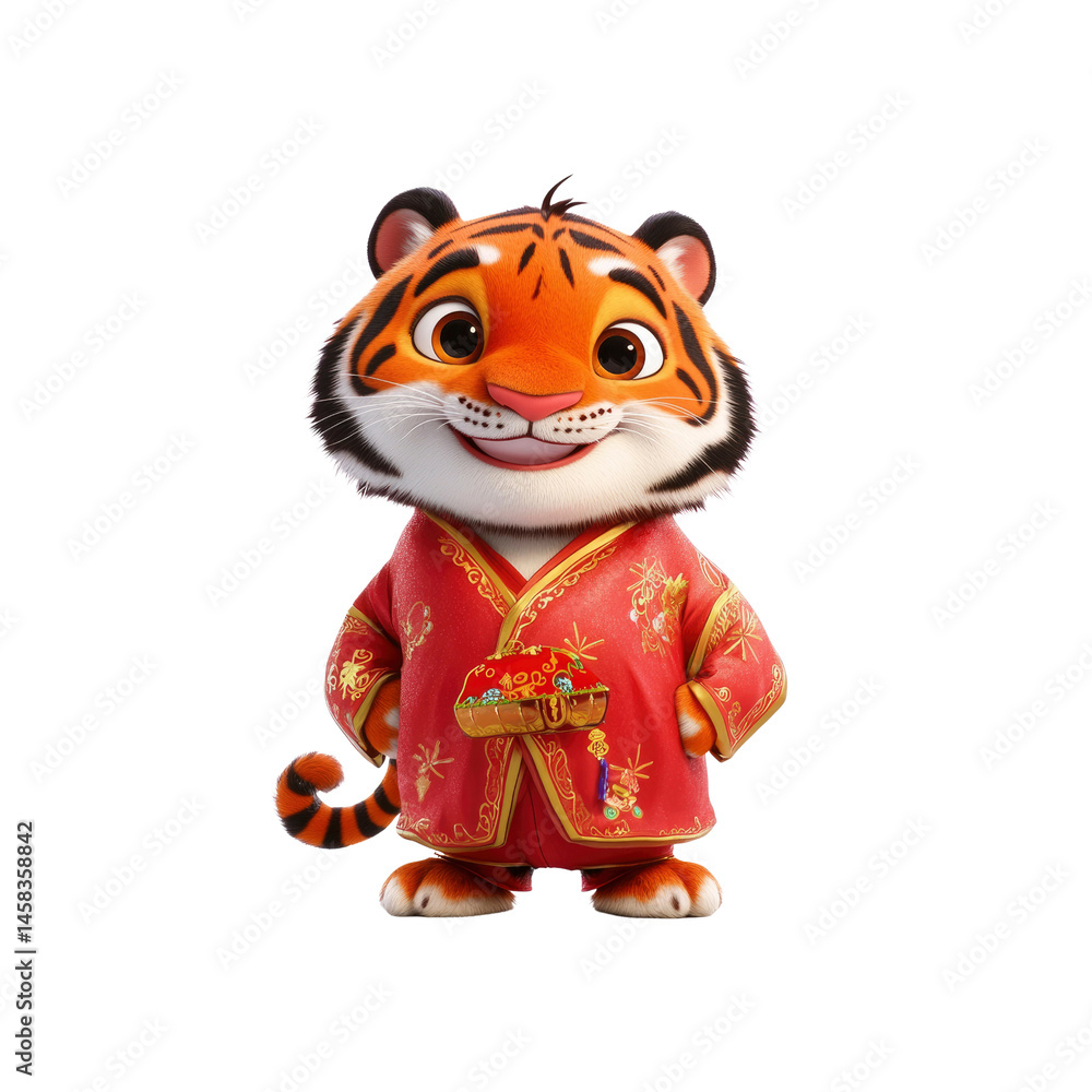 Adorable Cartoon Tiger in Traditional Chinese Clothing Celebrating Lunar New Year