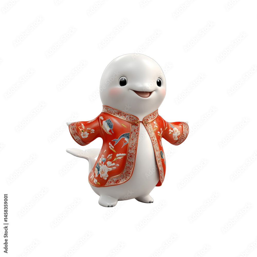 Adorable 3D Render of a White Dolphin Wearing Traditional Chinese Clothing