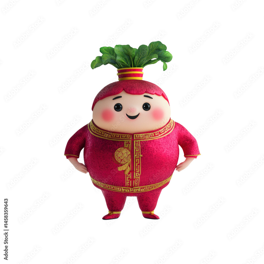 Cheerful Cartoon Radish Character in Traditional Chinese Clothing
