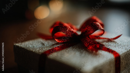 Gift box wrapped in a bow, perfect for yuletide or a birthday, adding festive sunniness