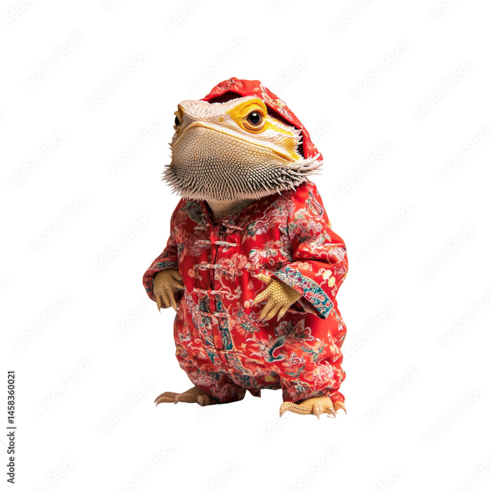 Bearded Dragon in Traditional Chinese Clothing for Lunar New Year