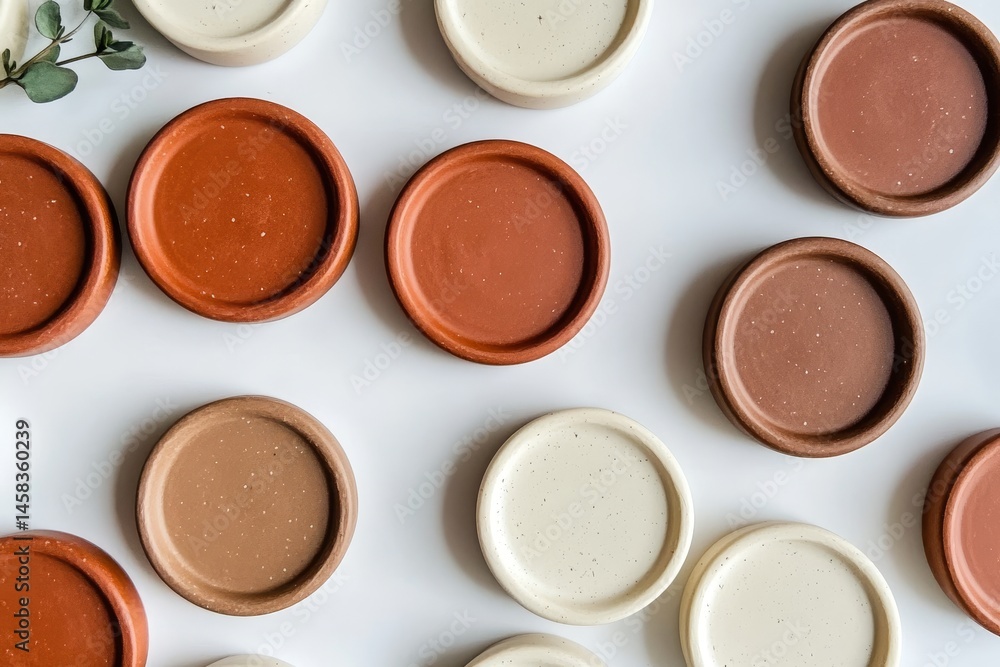 Fototapeta premium Terracotta Cream White Speckled Round Objects Flat Lay