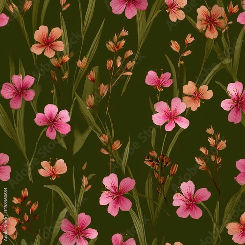 Wallpaper Mural Vibrant floral pattern featuring pink and orange blossoms against a dark green background Torontodigital.ca