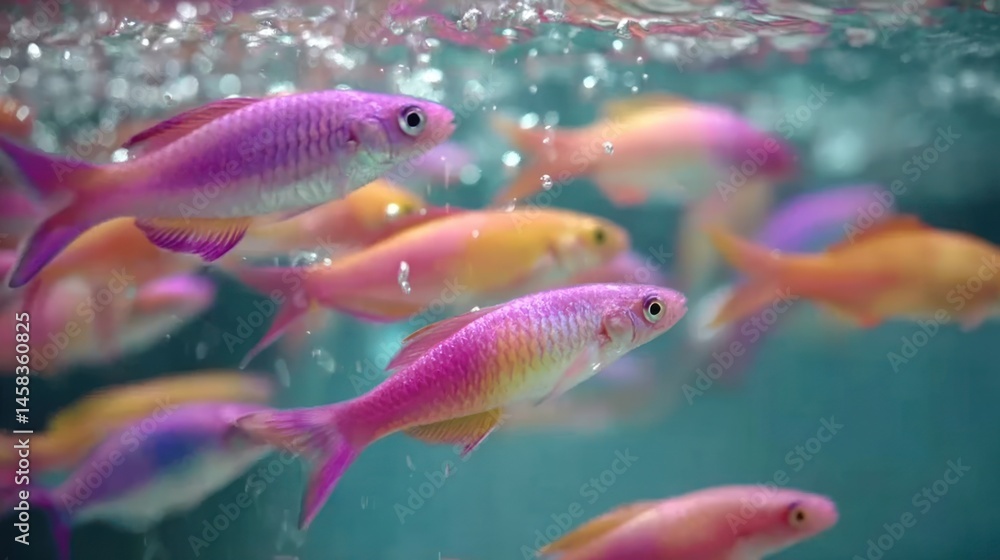 Fototapeta premium Vibrant school of fish in an aquarium, showcasing a variety of pink and orange hues. Bubbles rising from the water's surface create a lively underwater scene