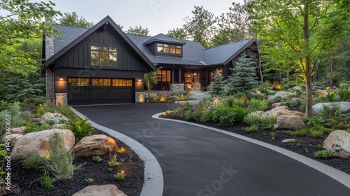 A luxurious modern black house with a long winding driveway sits led amongst lush landscaping and large rocks at dusk.