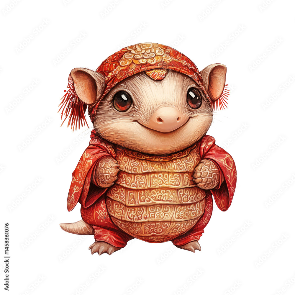Adorable Armadillo in Traditional Chinese Clothing - Digital Illustration