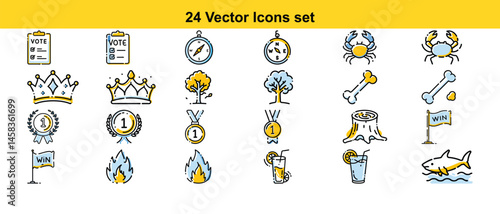 Collection of 24 Hand-Drawn Vector Icons Nature, Awards, and More