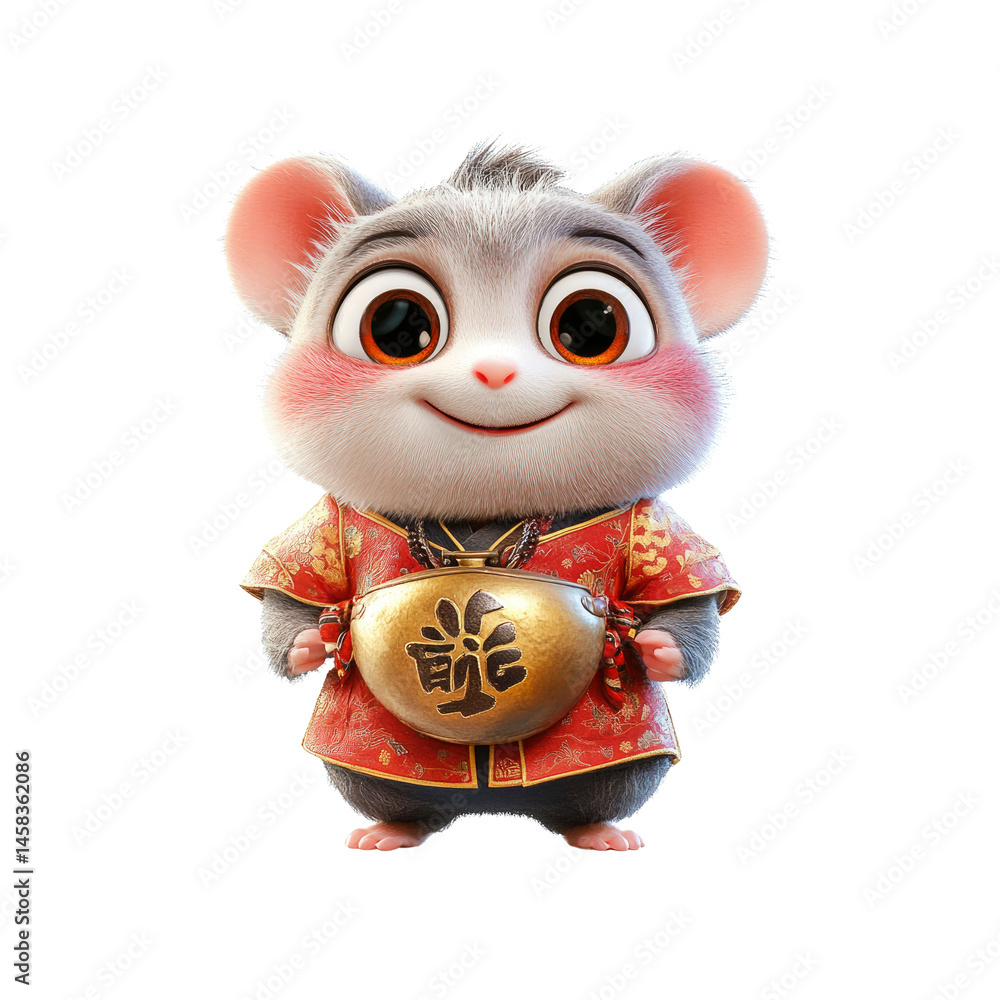 Adorable 3D Render of a Chinese Hamster in Traditional Clothing Holding a Bowl with Chinese