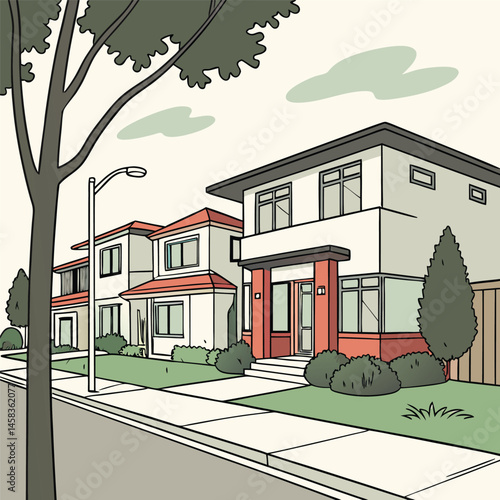 Modern Suburban Street with Contemporary Red and White Houses and Lush Greenery
