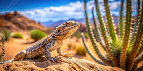 A lizard is sitting comfortably on a large rock in the desert landscape with a sandy background and cacti nearby, reptile, lizard on rock