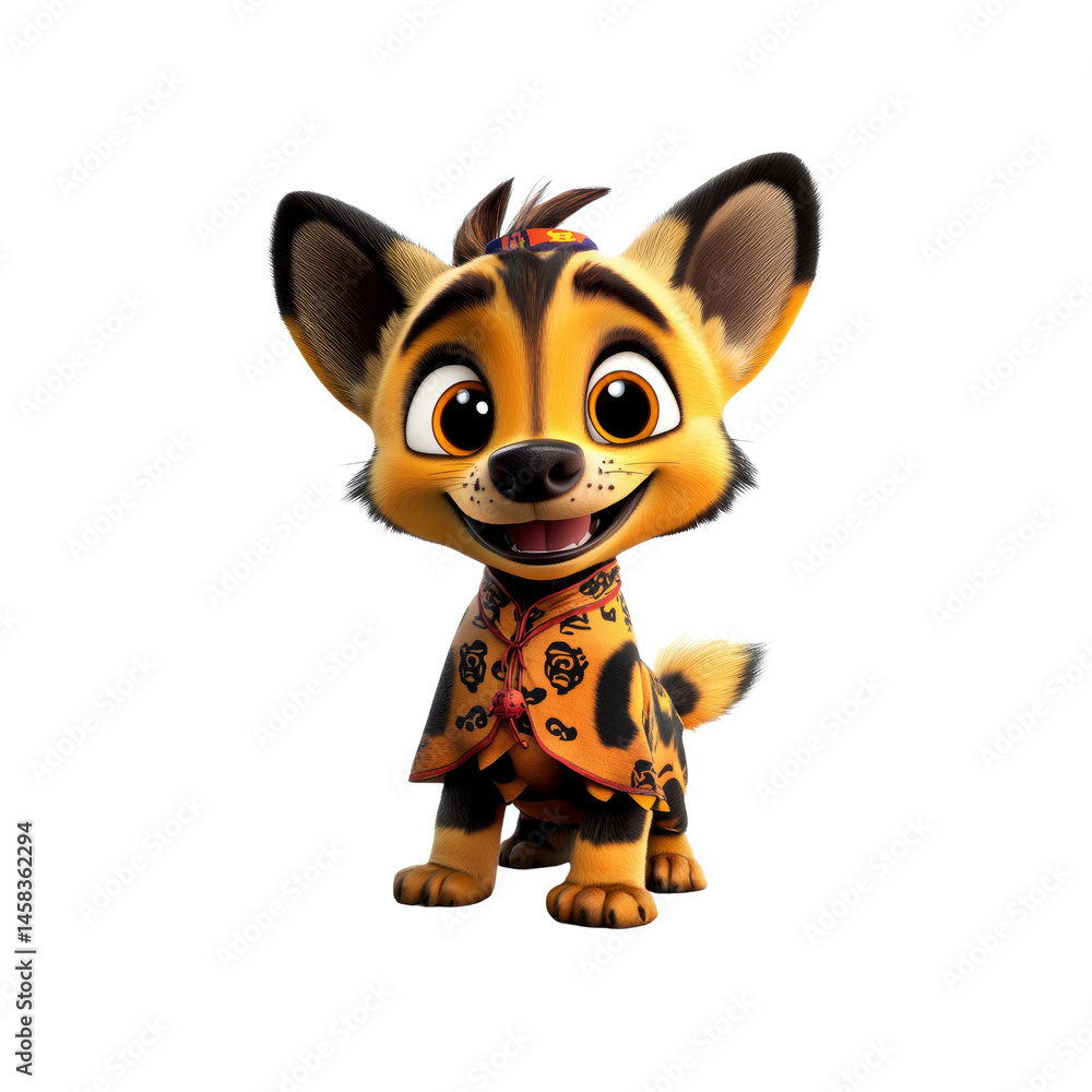 Adorable Animated Hyena Pup in Traditional Clothing