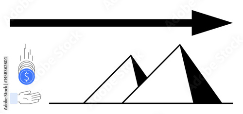 Blue coin drops into hand beside pyramid, symbolizing wise investments leading to strong progress. Ideal for business, strategy, goal setting, finance, economic growth, planning, simple landing page