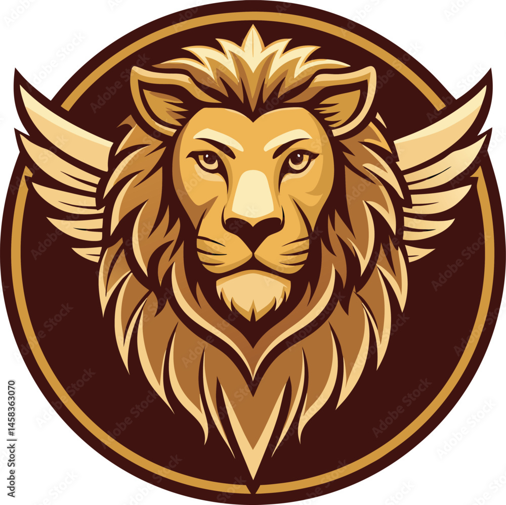 Majestic Winged Lion Emblem with Intricate Feathered Mane in Regal Gold and Brown Majestic Winged Lion Emblem with Intricate Feathered Mane in Regal Gold and Brown