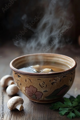 Warm and inviting bowl of soup with steam rising, featuring mushrooms and fresh herbs on a rustic wooden table Generative AI