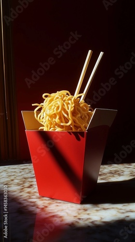 Delicious noodles served in a vibrant red takeout box, illuminated by warm natural light in a cozy setting Generative AI
