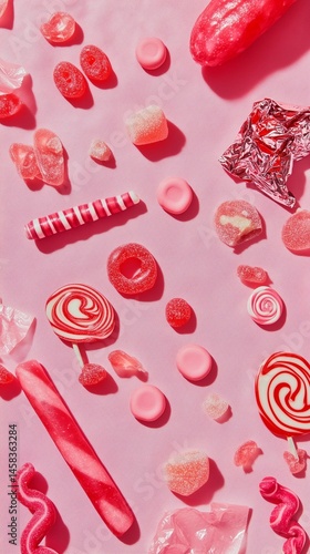 Delightful assortment of red and pink candies arranged on a vibrant pink background for a fun sweet display Generative AI