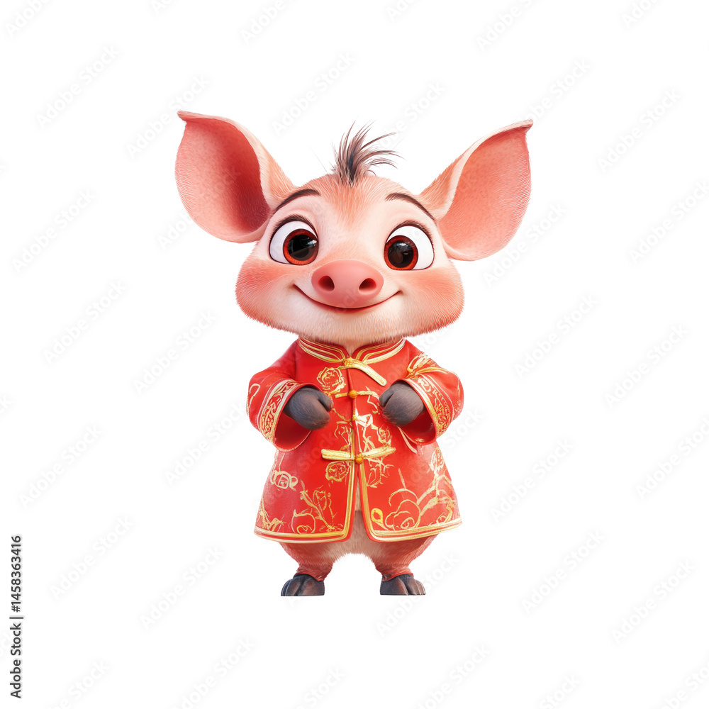 Adorable 3D Rendered Piglet in Traditional Chinese New Year Outfit
