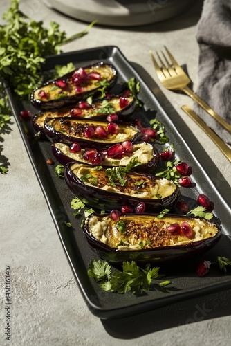 Grilled eggplant halves topped with pomegranate seeds and herbs on a serving platter in a stylish kitchen Generative AI
