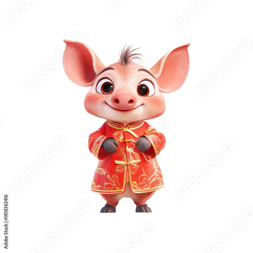 Obraz na płótnie Adorable 3D Rendered Piglet in Traditional Chinese New Year Outfit w salonie