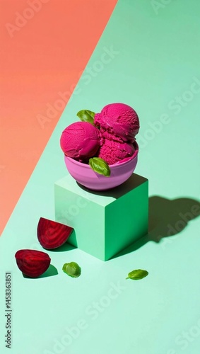 Bright pink beetroot ice cream scoops served in a bowl with fresh basil on a colorful geometric background Generative AI