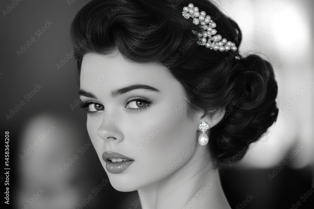 Fototapeta premium Elegant woman with vintage hairstyle and jewelry