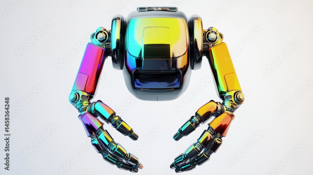 A futuristic robotic arm with vibrant rainbow colors, showcasing advanced design. A futuristic robotic arm with vibrant rainbow colors, showcasing advanced design.