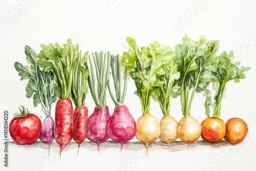 A colorful watercolor illustration of root vegetables and greens arranged in a row on a white background.