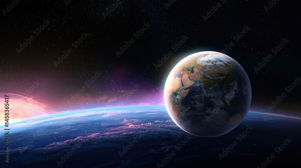 Obraz premium A breathtaking view of planet Earth from space shows stunning detail of continents and swirling atmosphere against a vibrant cosmic backdrop.