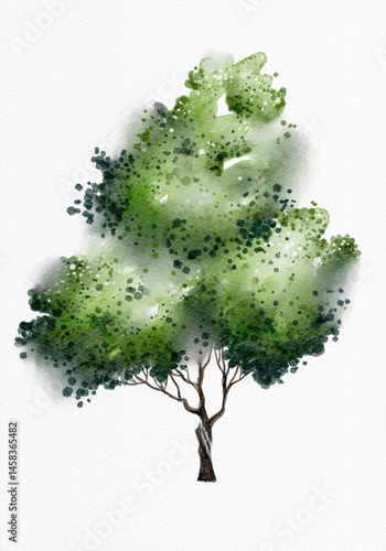 Watercolor side view tree with green foliage and brown trunk on white background for architectural and landscape drawing use