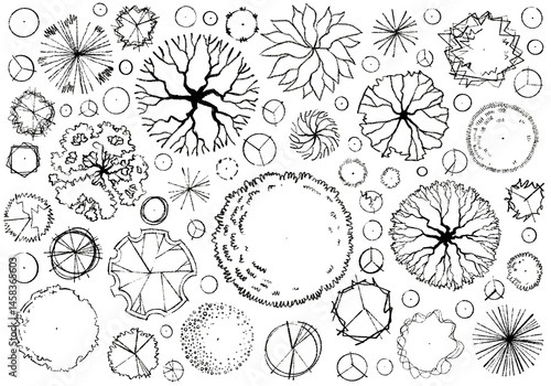 Black and white top view tree symbols in architectural landscape plan drawing set for design and drafting use