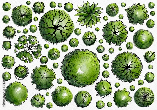 Hand-drawn architectural top view tree symbols set for landscape and garden planning.